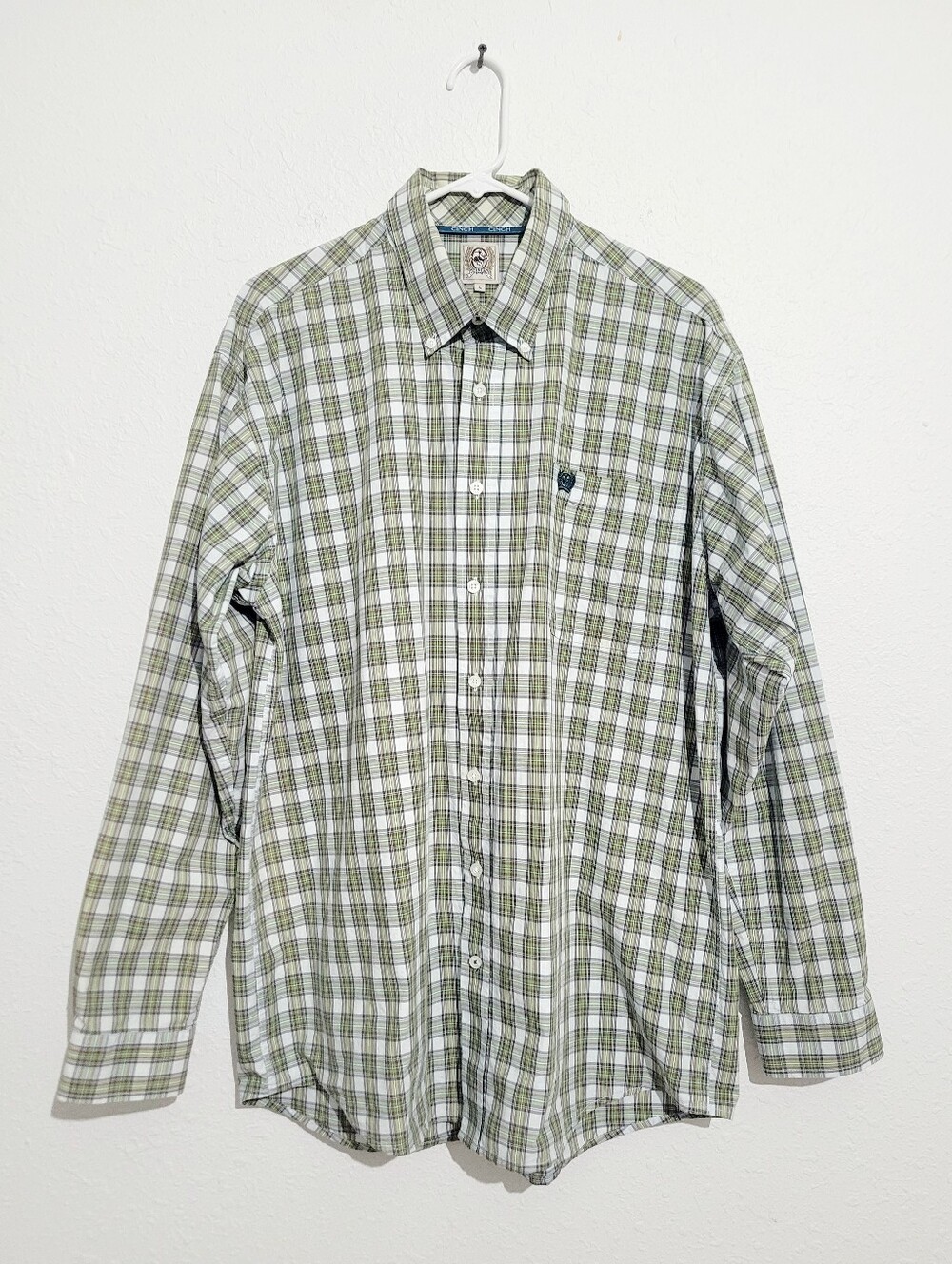Cinch Men's Large 100% Cotton Plaid Button Front Western Shirt Green White L/S